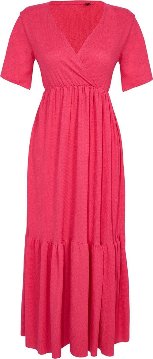 Moda Regular Casual Günlük Bürümcük Örme Kruvaze Kısa Kol Eteği Fırfırlı Maxi Boy Elbise