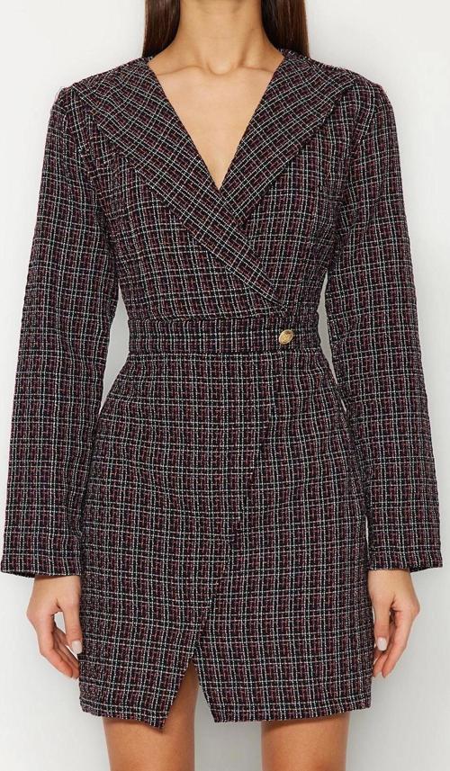 Moda Regular Business Tüvit Dokuma Ceket Yaka Uzun Kol Ceket Elbise Mini Boy Elbise