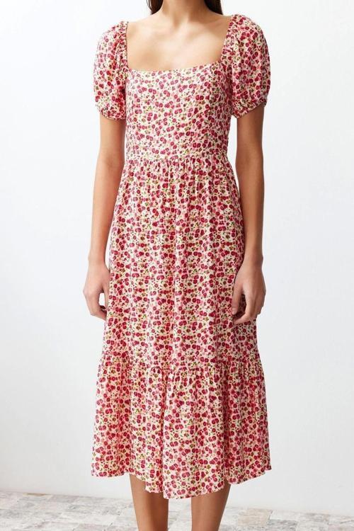 Moda Regular Casual Günlük Shally Dokuma Kare Yaka Truvakar Kol Kol Skater Midi Boy Elbise