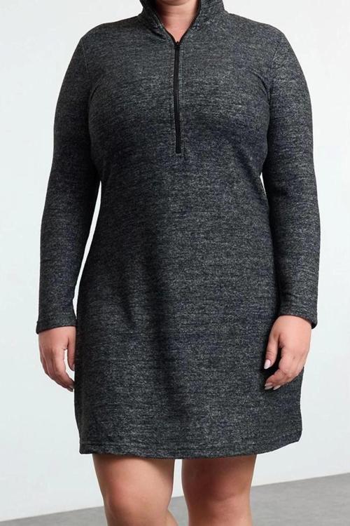 Moda Stil Relaxed Dik Yaka Mini Boy Büyük Beden Yakası Femuarlı Örme Elbise