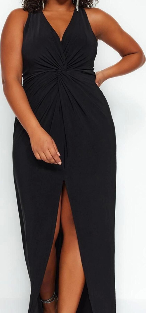 Moda Stil Fitted V Yaka Midi Boy Büyük Beden Yırtmaçlı Örme Elbise