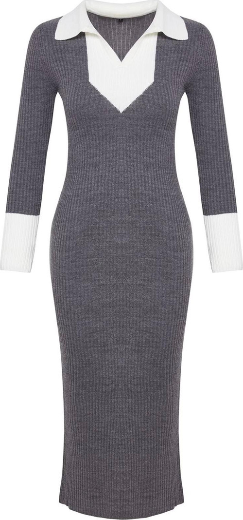 Moda Slim Casual Günlük Fitilli Triko Polo Yaka Uzun Kol Bodycone Midi Boy Elbise