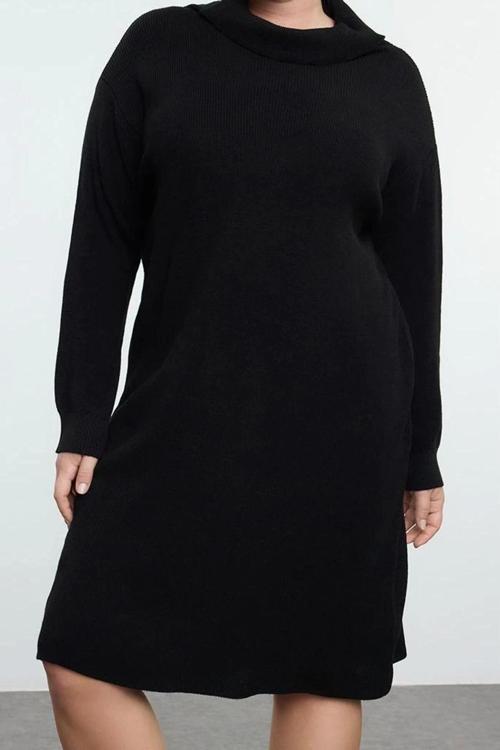Moda Stil Relaxed Balıkçı Yaka Mini Boy Büyük Beden Triko Elbise