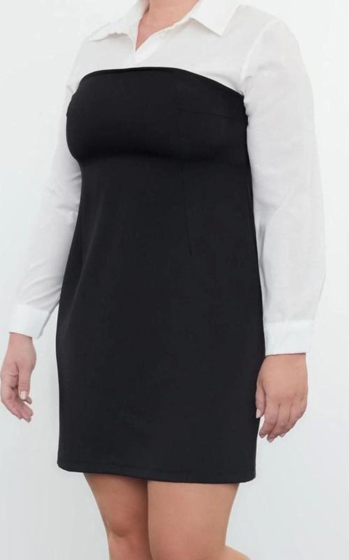 Moda Stil Fitted Gömlek Yaka Mini Boy Büyük Beden -Beyaz Bodycone Straplez Finike Gömlek Elbise
