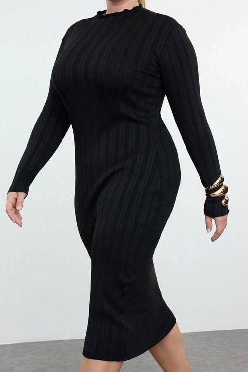 Moda Stil Fitted Dik Yaka Midi Boy Büyük Beden Fitilli Premium Özel İplik Triko Elbise