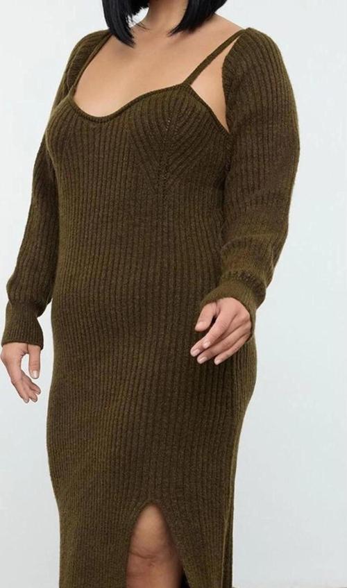 Moda Stil Fitted Kalp Yaka Midi Boy Büyük Beden Fitilli Yırtmaçlı Triko Elbise&Bolero Takım