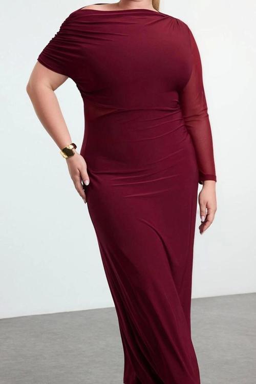 Moda Stil Slim Asimetrik Yaka Maxi Boy Büyük Beden Sandy Örme Büyük Beden Elbise