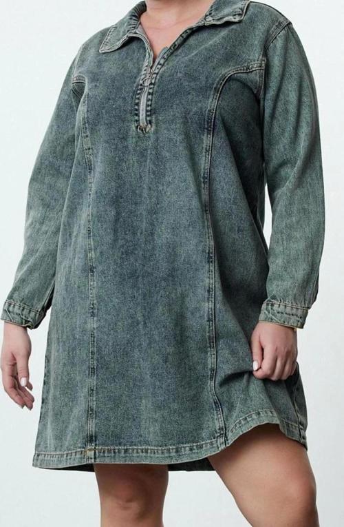 Moda Stil Denim Gömlek Yaka Mini Boy Büyük Beden Rigid Büyük Beden Elbise