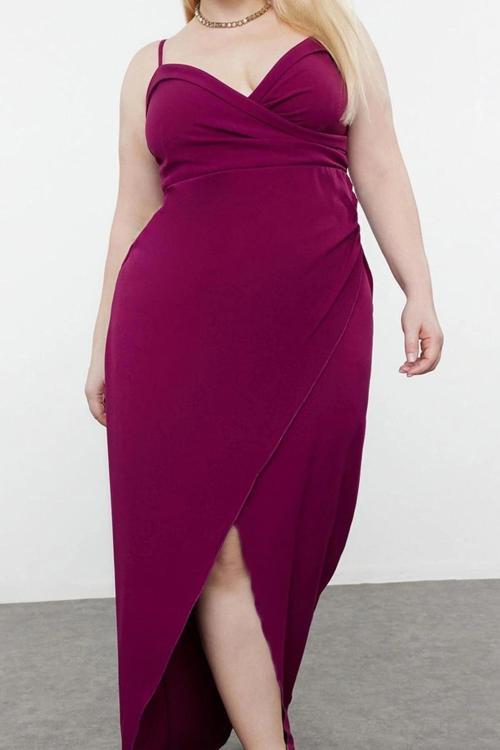 Moda Fitted Kalp Yaka Maxi Büyük Beden Yırtmaçlı Uzun Astarlı Abiye Gece Mezuniyet Nişan Elbise