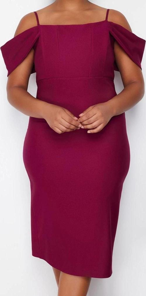 Moda Stil Fitted Carmen Yaka Midi Boy Büyük Beden Düz Bodycone Dokuma Büyük Beden Elbise