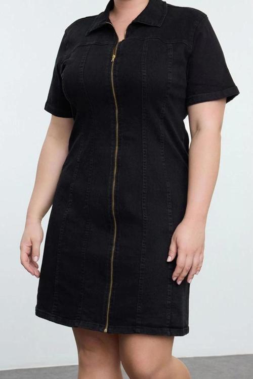 Moda Stil Fitted Gömlek Yaka Mini Boy Büyük Beden Comfort Denim Büyük Beden Elbise