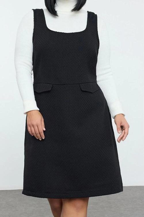 Moda Relaxed Bisiklet Yaka Mini Boy Büyük Beden Tüvit Dokulu Askılı Jile Cepli Dokuma Elbise