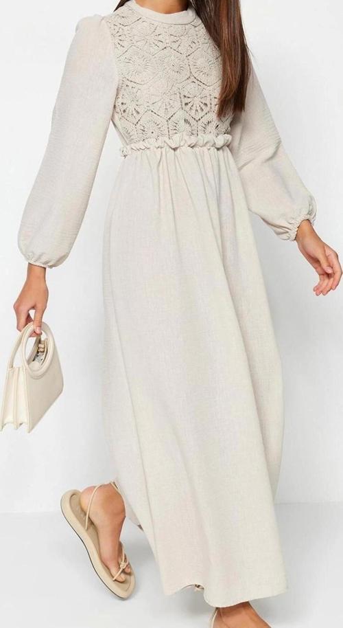 Moda Stil Regular Bisiklet Yaka Maxi Boy Tesettür Güpür Fisto Detaylı Dokuma Elbise