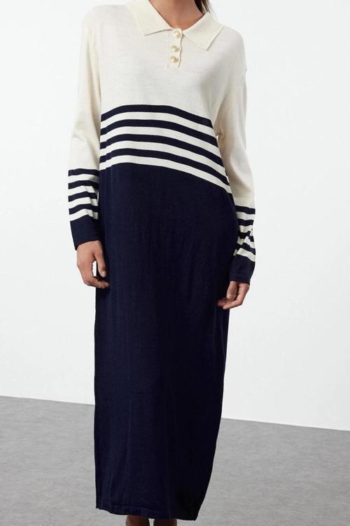 Moda Stil Relaxed Polo Yaka Maxi Boy Tesettür Taş Renk Bloklu Triko Elbise