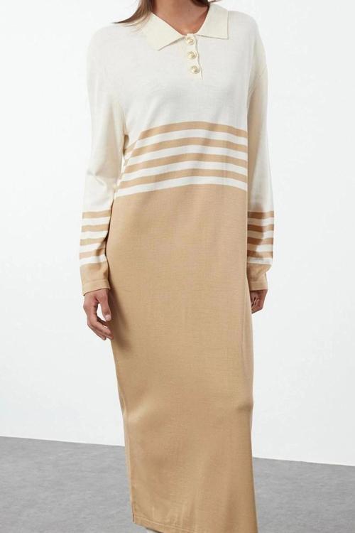 Moda Stil Relaxed Polo Yaka Maxi Boy Tesettür Taş Renk Bloklu Triko Elbise