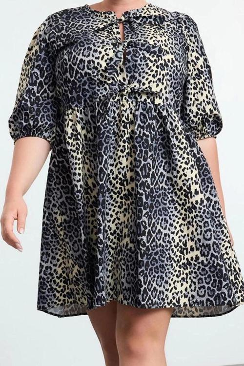 Moda Relaxed Bisiklet Yaka Mini Boy Büyük Beden Fiyonklu %100 Pamuk Leopar Desenli Dokuma Elbise