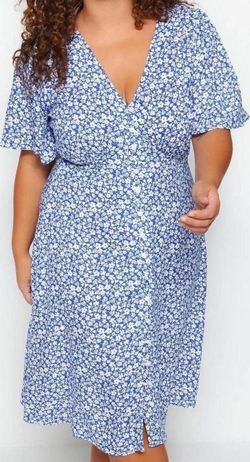 Moda Stil Relaxed V Yaka Midi Boy Büyük Beden Çiçekli Dokuma Elbise