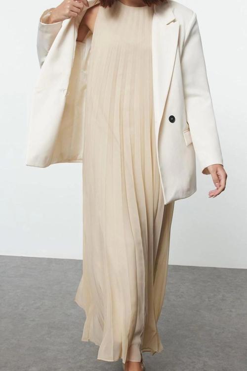 Moda Stil Regular Bisiklet Yaka Uzun Tesettür Piliseli Dokuma İçlik Elbise