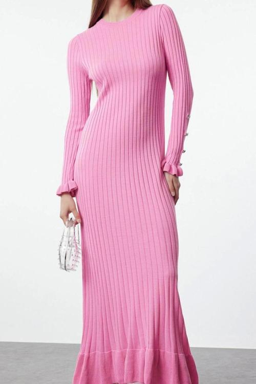 Moda Stil Regular Bisiklet Yaka Maxi Boy Tesettür Eteği Fırfırlı Ribana Triko Elbise