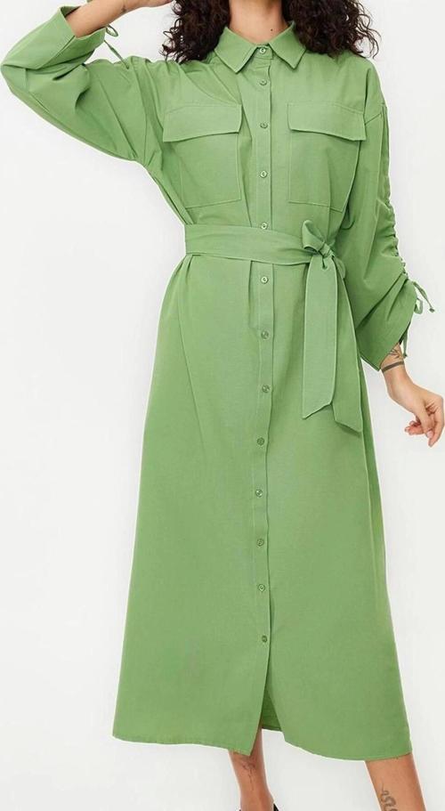 Moda Oversize Maxi Tesettür Kuşaklı Kolları Ayarlanabilir Detaylı Pamuklu Dokuma Gömlek Elbise
