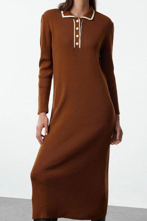 Moda Stil Fitted Polo Yaka Maxi Boy Tesettür Yakası Biyeli Triko Elbise