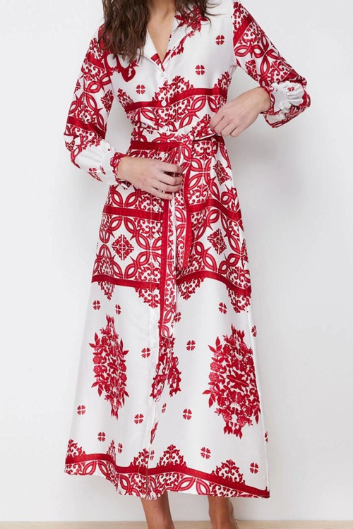 Moda Stil Regular Gömlek Yaka Maxi Boy Tesettür Dokuma Saten Desenli Gömlek Abiye Elbise