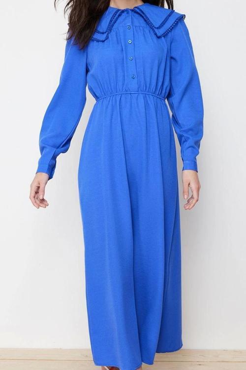 Moda Stil Regular Bebe Yaka Maxi Boy Tesettür lı Keten Görünümlü Dokuma Elbise