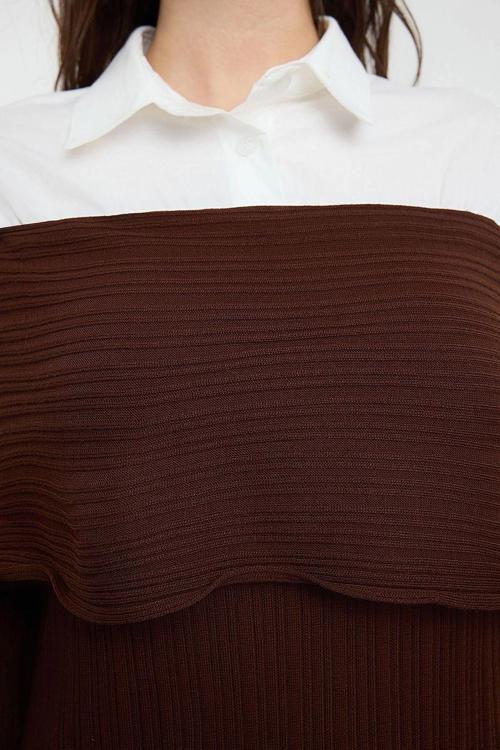 Moda Stil Fitted Carmen Yaka Maxi Boy Tesettür Dokuma Garnili Triko Elbise