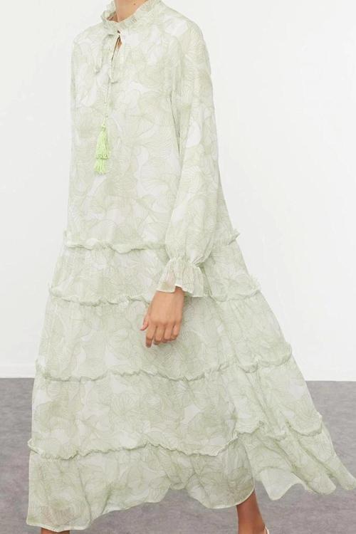 Moda Stil Regular Hakim Yaka Maxi Boy Tesettür Dokuma Şifon Çiçek Desenli Elbise