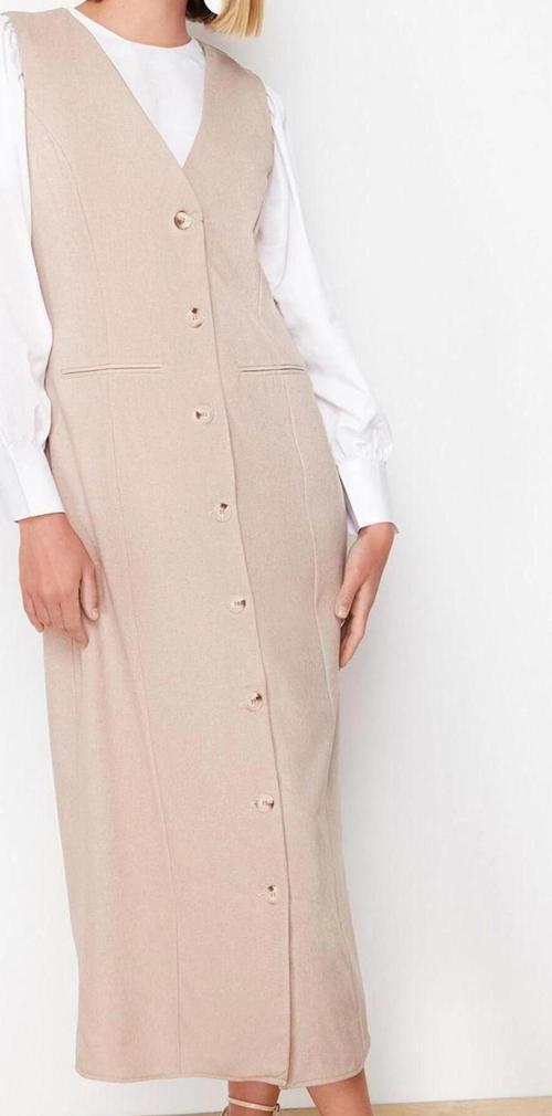 Moda Stil Regular V Yaka Maxi Boy Tesettür Dokuma Kumaş Jile Elbise