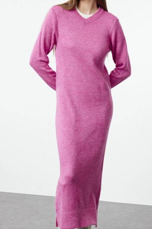 Moda Stil Oversize V Yaka Maxi Boy Tesettür Yumuşak Dokulu Triko Elbise