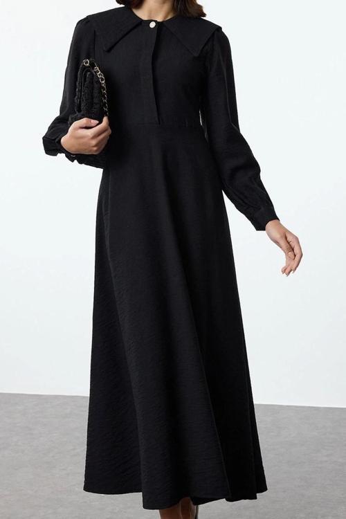 Moda Stil Regular Bebe Yaka Maxi Boy Tesettür lı Düğme Detaylı Dokuma Elbise