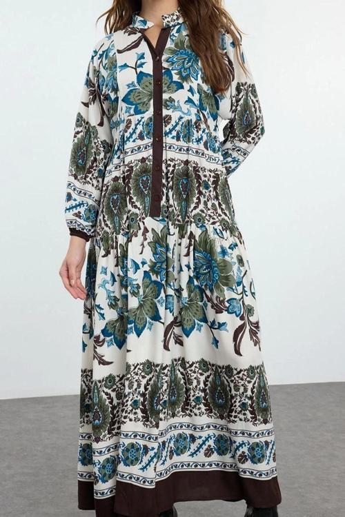 Moda Stil Relaxed Hakim Yaka Maxi Boy Tesettür Çiçekli Viskon Dokuma Elbise