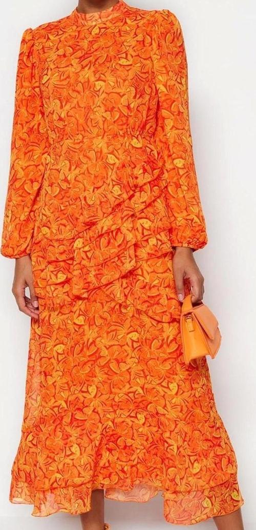 Moda Stil Regular Bisiklet Yaka Maxi Boy Tesettür Çiçekli Eteği Fırfırlı Astarlı Dokuma Şifon Elbise