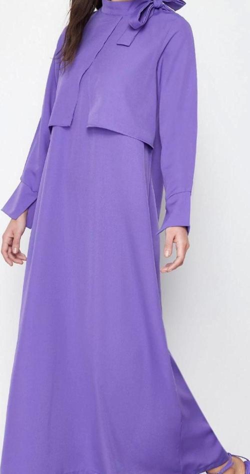 Moda Stil Regular Boyundan Bağlamalı Maxi Boy Tesettür Yakası Bağlama Detaylı Dokuma Elbise