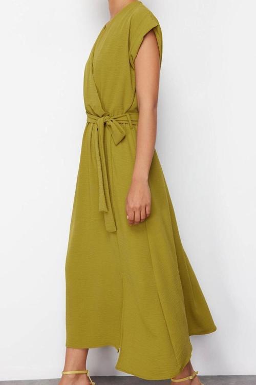 Moda Stil Regular Bisiklet Yaka Maxi Boy Dokuma Elbise