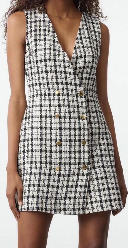 Moda Stil Regular Ceket Yaka Mini Boy Tüvit Kumaş Düğme Detaylı Dokuma Yelek Elbise