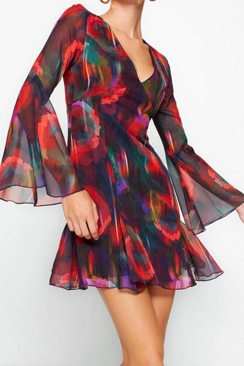 Moda Stil Fitted V Yaka Midi Boy A-Kesim Astarlı Şifon Şık Abiye Elbise