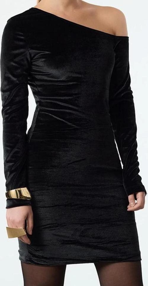 Moda Stil Fitted Asimetrik Yaka Mini Boy Vücuda Oturan Kadife Örme Kısa Elbise
