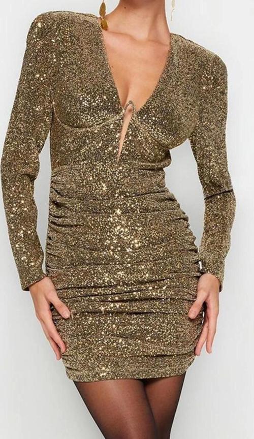 Moda Stil Fitted V Yaka Mini Boy Vücuda Oturan Parıltılı Örme Pullu Payet Kısa Şık Abiye Elbise