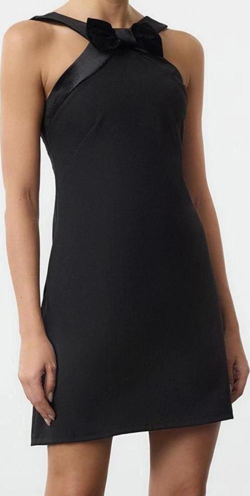 Moda Stil Fitted Halter Yaka Mini Boy A-Kesim Fiyonk Detaylı Dokuma Kısa Elbise