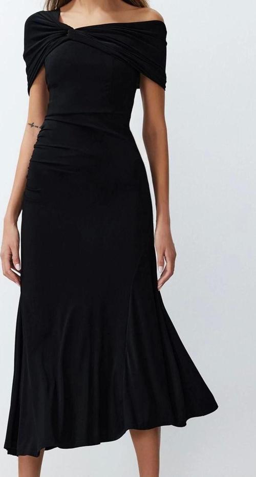 Moda Stil Fitted Asimetrik Yaka Midi Boy Örme Şık Abiye Elbise