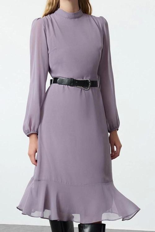 Moda Stil Regular Dik Yaka Midi Boy Düz Dokuma Kışlık Elbise