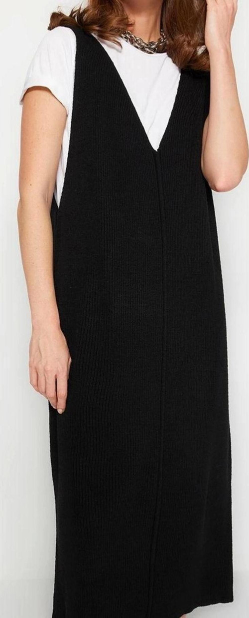 Moda Stil Regular V Yaka Maxi Boy Triko Jile Elbise