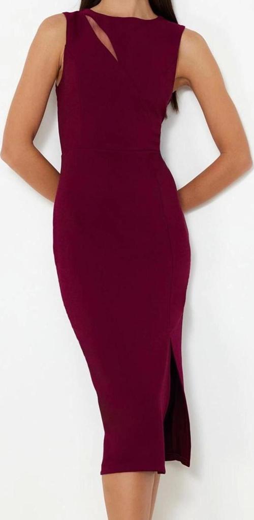 Moda Stil Fitted Bisiklet Yaka Midi Boy Bridal Pencere Cut Out Detaylı Dokuma Elbise