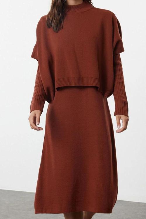 Moda Stil Oversize Dik Yaka Midi Boy Triko Süper Geniş Kalıp Süveterli Elbise