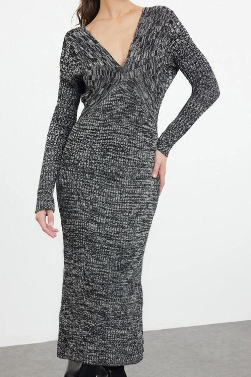 Moda Stil Slim V Yaka Midi Boy Triko Degrade Elbise