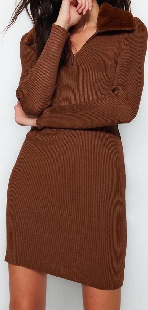 Moda Stil Slim Polo Yaka Mini Boy Triko Suni Kürk Detaylı Elbise