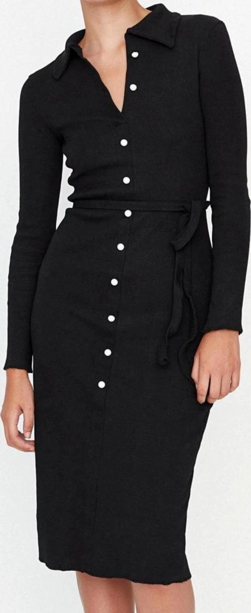 Moda Stil Slim Gömlek Yaka Midi Boy Vücuda Oturan Polo Yaka Fitilli Düğmeli Esnek Örme Elbise