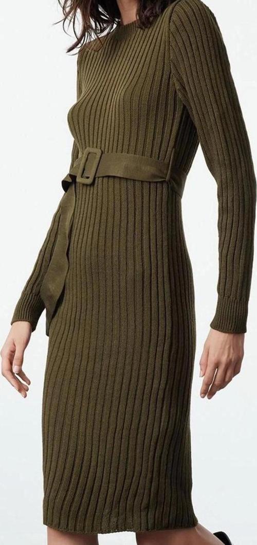 Moda Stil Regular Kayık Yaka Midi Boy Triko Kemerli Elbise